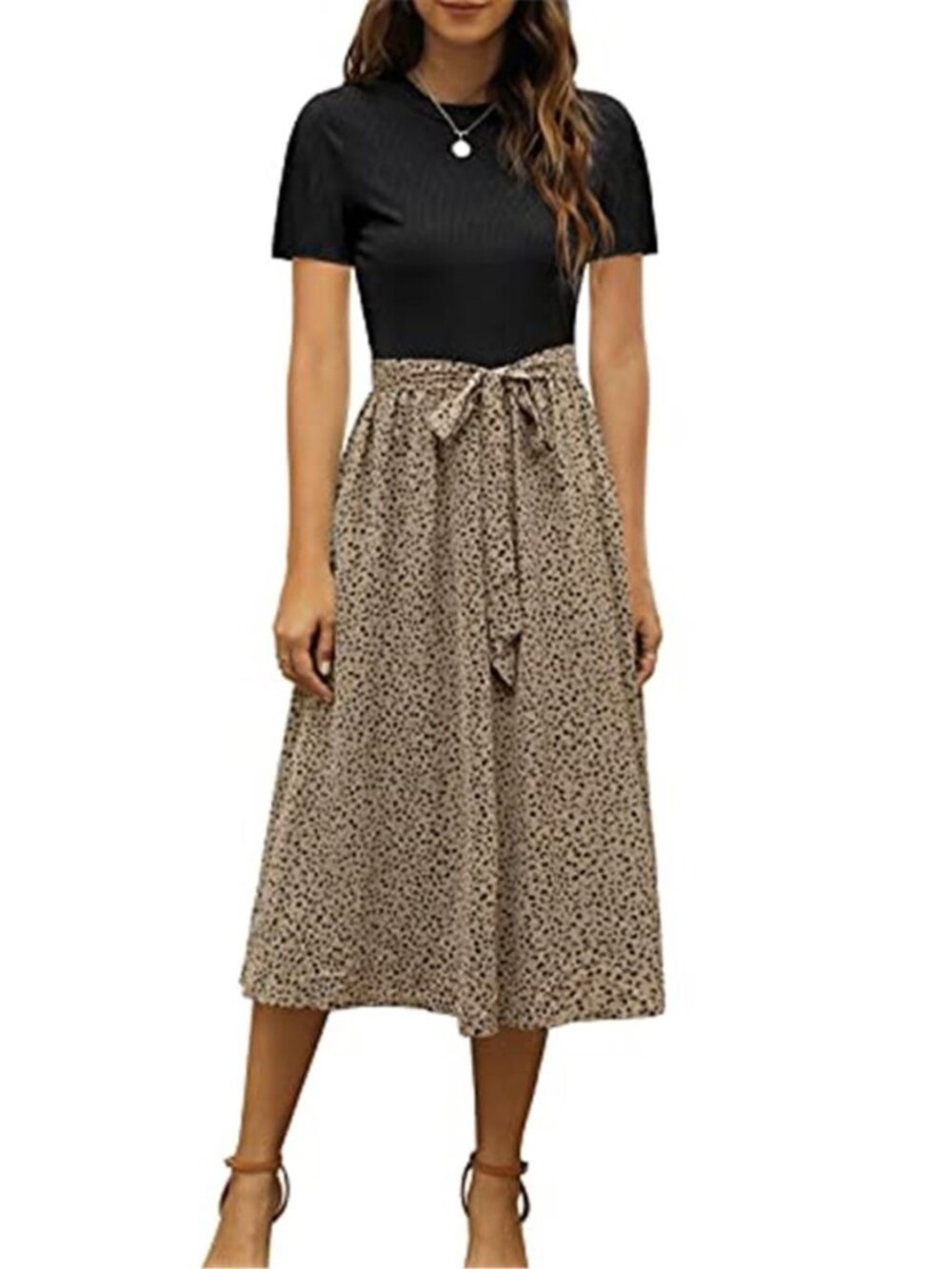 Womens Midi Dress Tie Waist Pocket Dress Short Sleeve Casual Work Dress